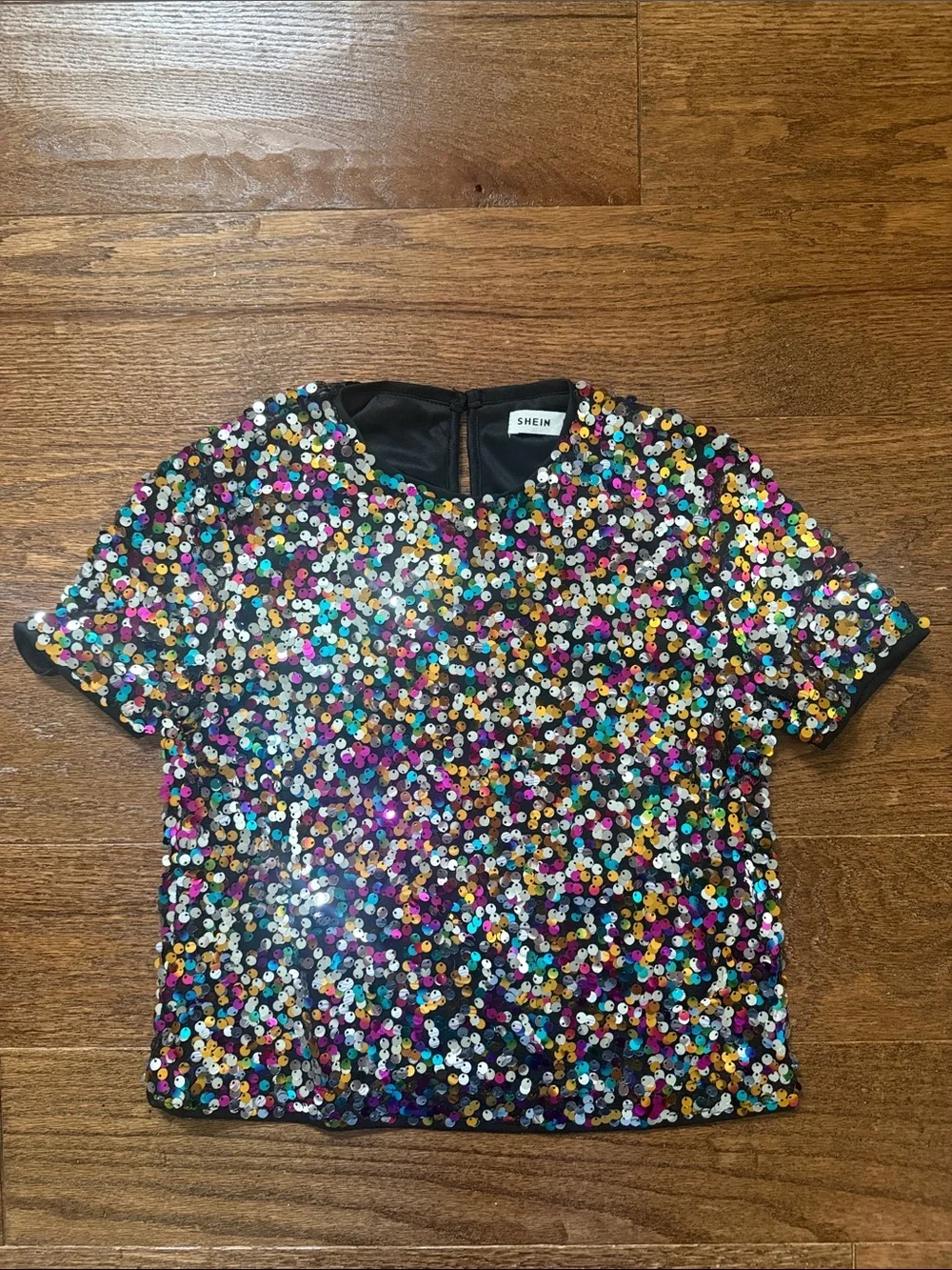 New SHEIN Kids Black Multicolor Sequin Short Sleeve Top